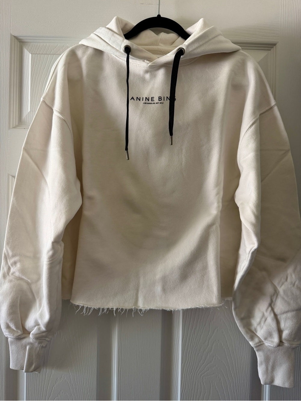 Anine Bing Ivory Cropped Hoodie with Black Drawstrings - Picture 1 of 3
